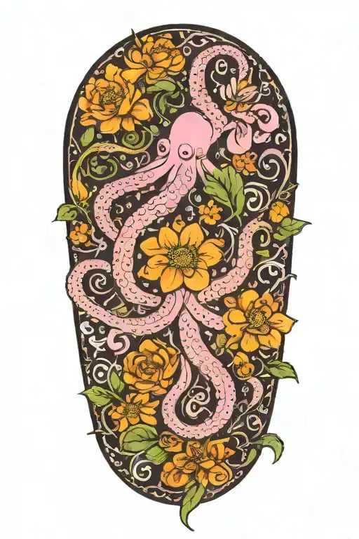 snowdrop, rose, marigold, octopus tenticals tattoo design idea