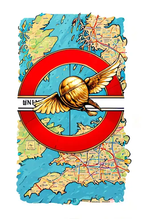 arm sleeve tattoo golden snitch flying around shards of narsil over map of london underground.  colorful and hyper reali tattoo design idea