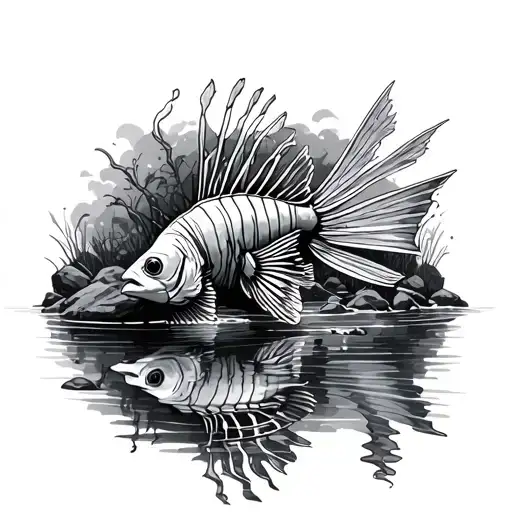 pond surrounded by rocky shore with lion fish swimming tattoo design idea