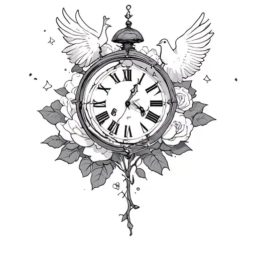 tattoo with half a shattered clock, a dove, Rose's surrounded by clouds. no colours.  tattoo design idea