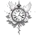 tattoo with half a shattered clock, a dove, Rose's surrounded by clouds. no colours.  tattoo design idea