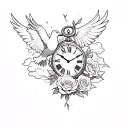 tattoo with half a shattered clock, a dove, Rose's surrounded by clouds. no colours.  tattoo design idea