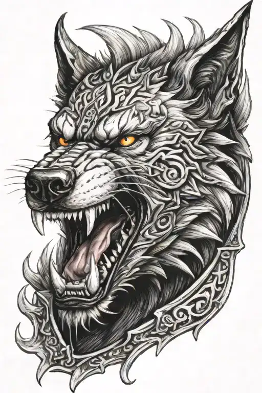 fenrir in armor biting flesh tattoo design idea