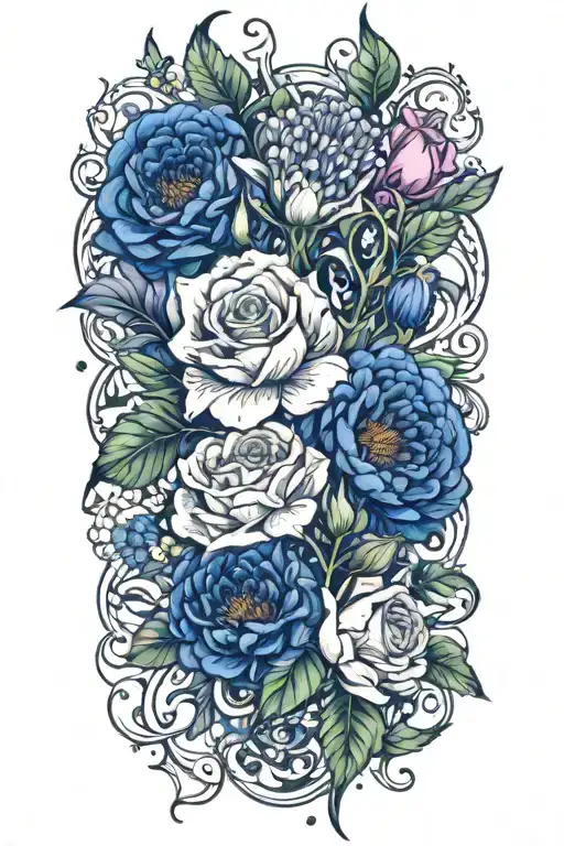 Design a floral tattoo with thistle, roses, cornflowers, shamrock flowers, dafodil  and lily of the valley tattoo design idea