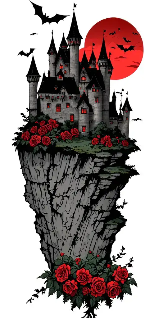 Dark gloomy castle with red skys and bats ontop of a cliff. rose bushes and vines at bottom of cliff tattoo design idea