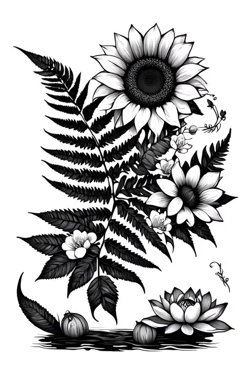 fern leaf in the center, with sunflower, cherry blossoms, and lotus flowers around it tattoo design idea