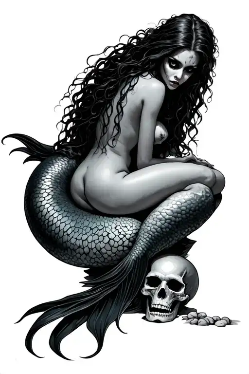 evil horror mermaid with no legs topless sitting on a pile of skulls  tattoo design idea