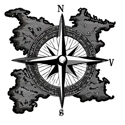 A black-grey tattoo of a compass rose with Lake Erie as the center point and various islands surrounding it tattoo design idea