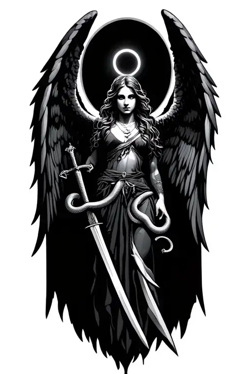 Wounded Angel with swords and snakes tattoo design idea