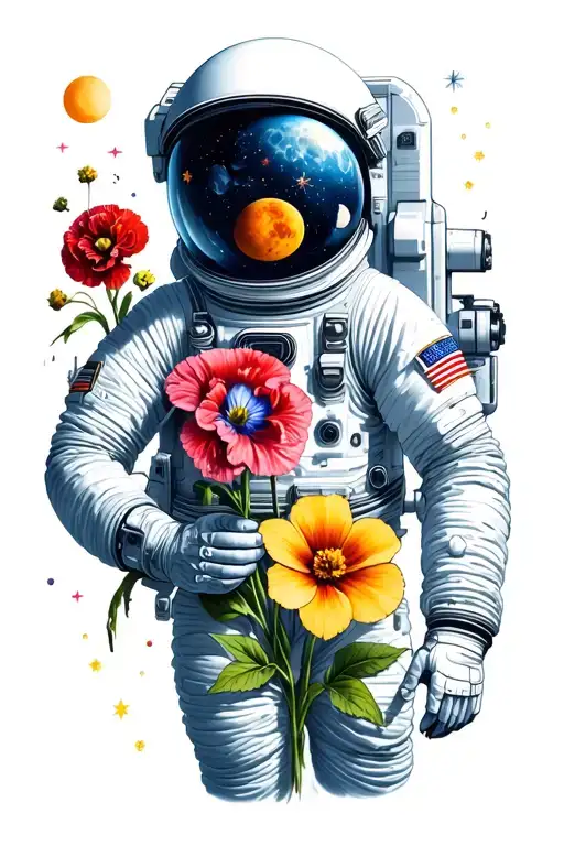 astronaut holding a carnation flower, morning glory flower, and cosmos flower.  crescent moon new moon gibbous moon tattoo design idea