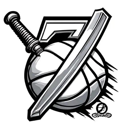 A Japanese sword piercing the number seven and a medium basketball ball tattoo design idea
