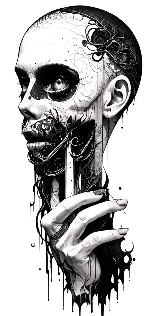 High contrast shading, dark fantasy aesthetic surrealist brutalist tattoo design idea