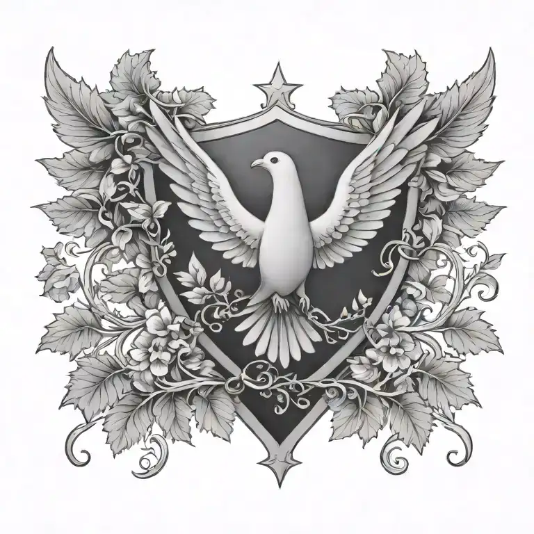 coat of arms dove wing close, grapevines, cross tattoo design idea