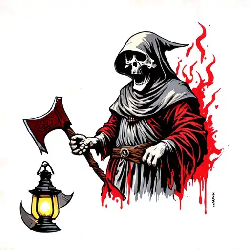 reaper holding lantern by handel, standing straight bloody axe in second hand  tattoo design idea