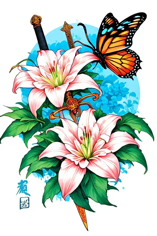 Japanese spider Lilly with sword and butterfly  tattoo design idea
