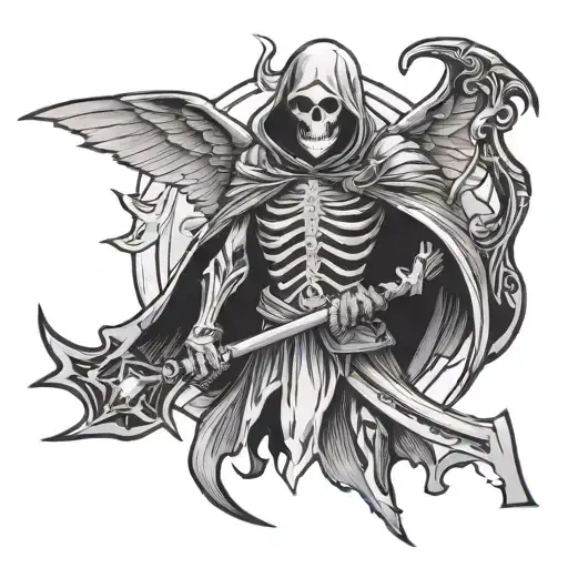 a faceless reaper with wings, with a shield, with a scythe, tattoo design idea
