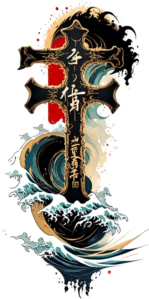 chinese wave with soldiers cross tattoo tattoo design idea