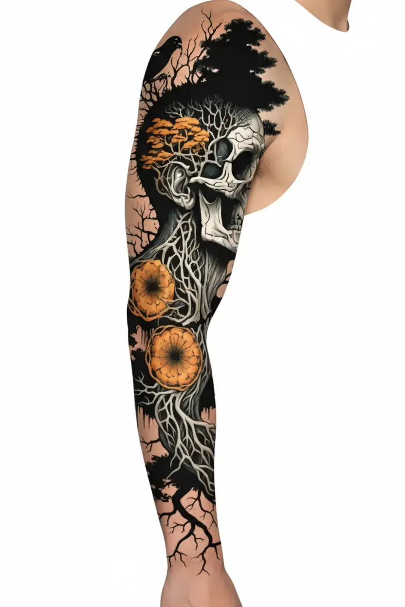 blade runner tree growing with skull and bird   tattoo design idea