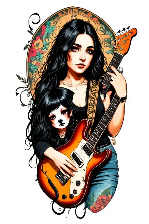 A leftist punk rock female guitarist with black long hair a tattoo of their niece and dog with a black face on their arm tattoo design idea