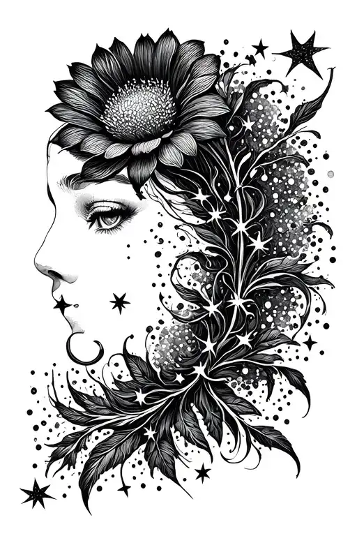 elegent modern feburary zodiac flower with stars scattered throughout tattoo design idea