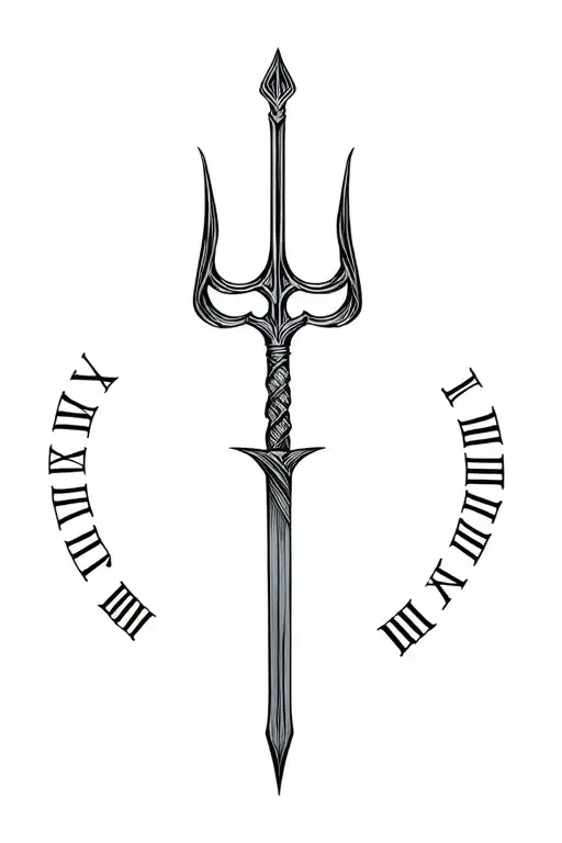trident being held by poseidan with Roman numerals surrounded tattoo design idea