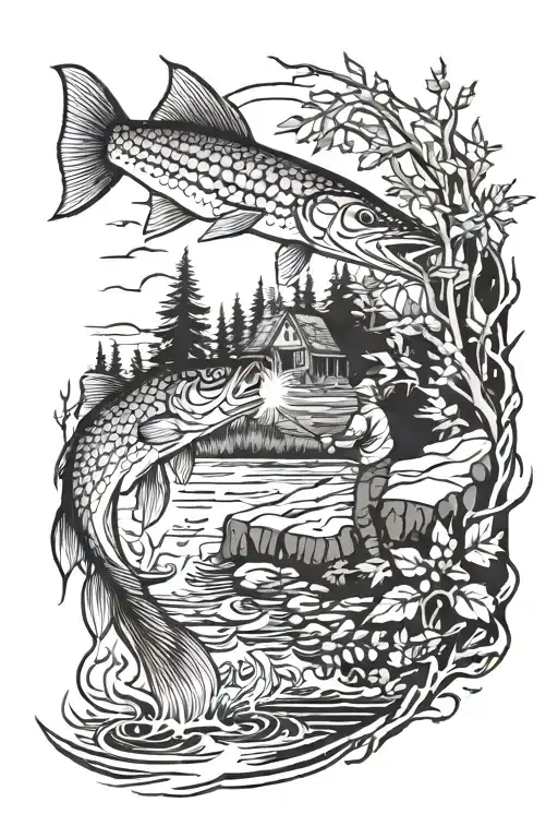 tattoo sleeve, trees, campfire, fisherman, guy fishing, below the elbow under water scene, fish, northern pike tattoo design idea