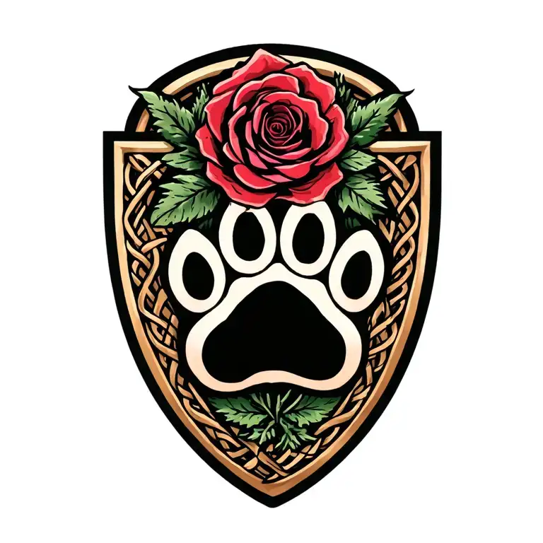 Dog paw print on a crest with english red rose and scottish purple thisle. Celtic and maori theme tattoo design idea