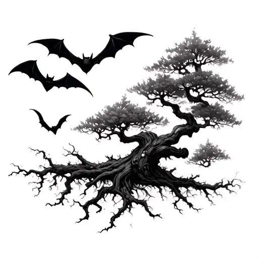 small poison tree with bats flying tattoo design idea