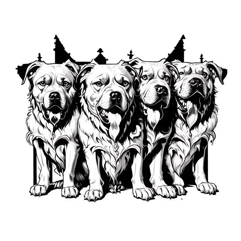I want a gothic Cerberus three headed dog with huge gothic cathedral style gates in the background  tattoo design idea