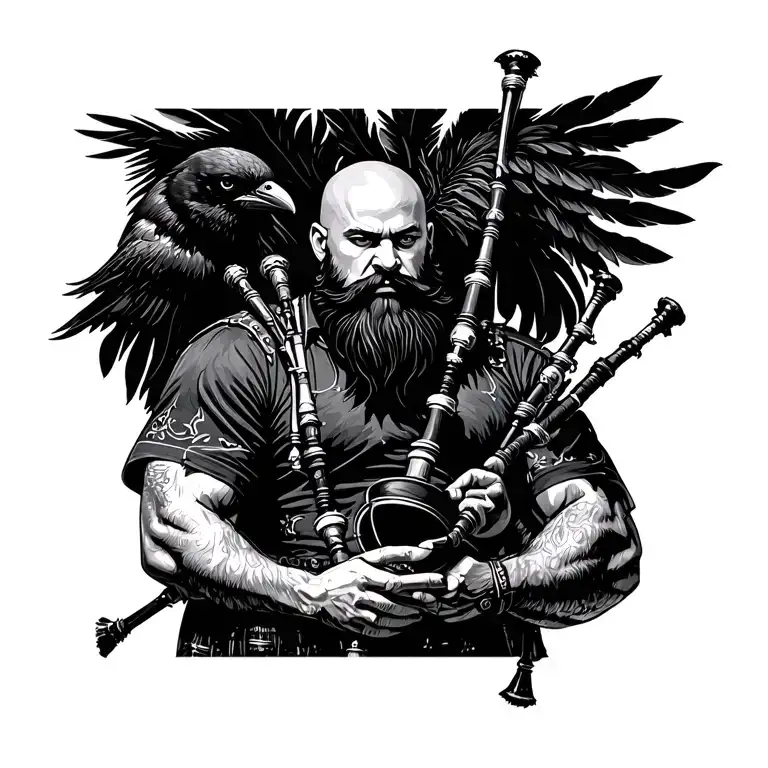bald bagpiper with black beard with crow featherd muscular body with a mans head and hands playing blackbagpipes tattoo design idea