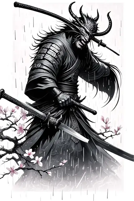 Demon samurai with sword surrounded by rain and cherry blossom tattoo design idea