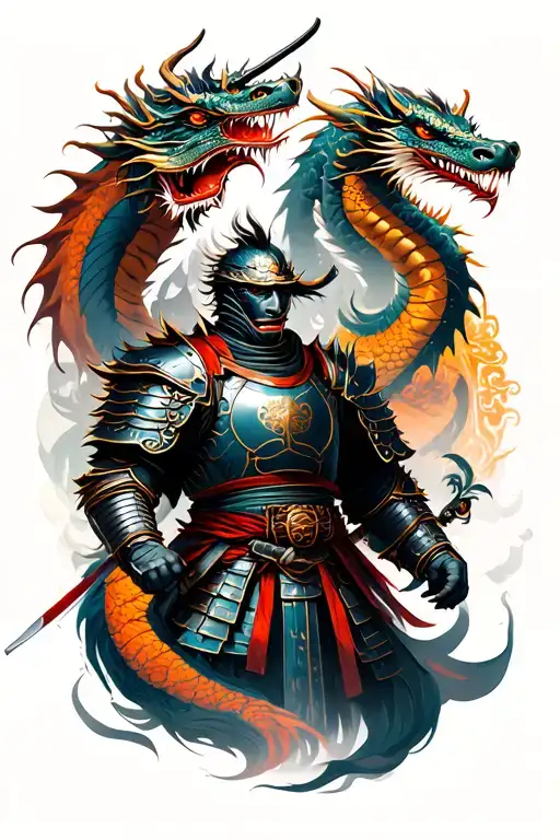 Japanese Ronin in armor and two Surrounded dragon tattoo design idea