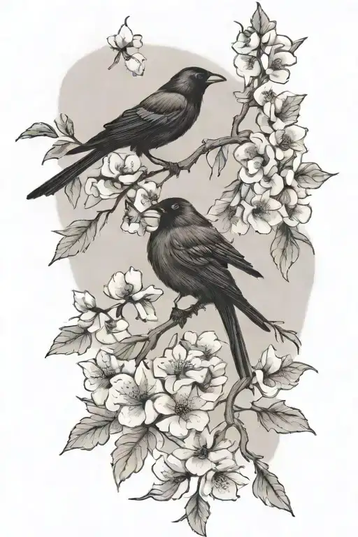 sideways skinny spooky scary cherry branch with minimal blossoms and four very small solid black crows  sitting  tattoo design idea