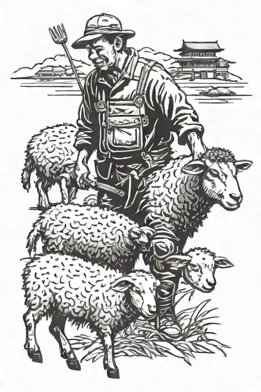 Chinese farmer with one black sheep infront of him tattoo design idea