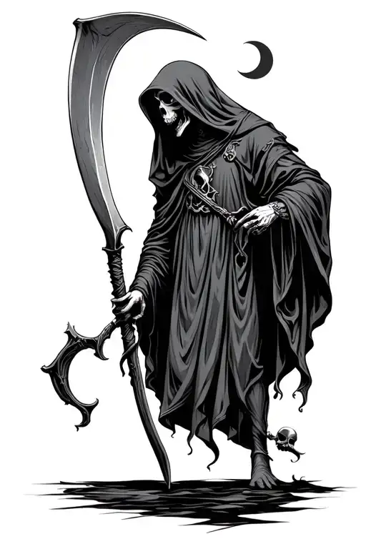grim reaper, scythe, skull, crescent moon, tattoo design idea