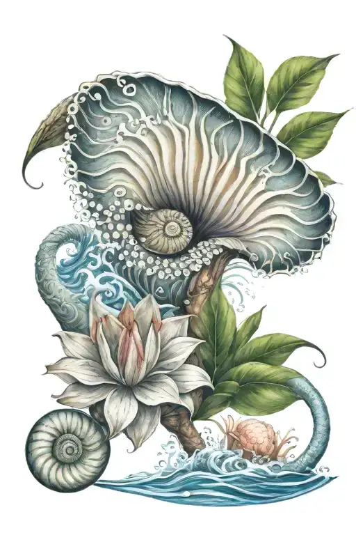 nautilus shell with water waves and water lotus, fish, majestic palm tree  tattoo design idea