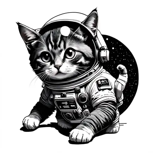 A cat astronaut exploring a galaxy filled with movie references tattoo design idea