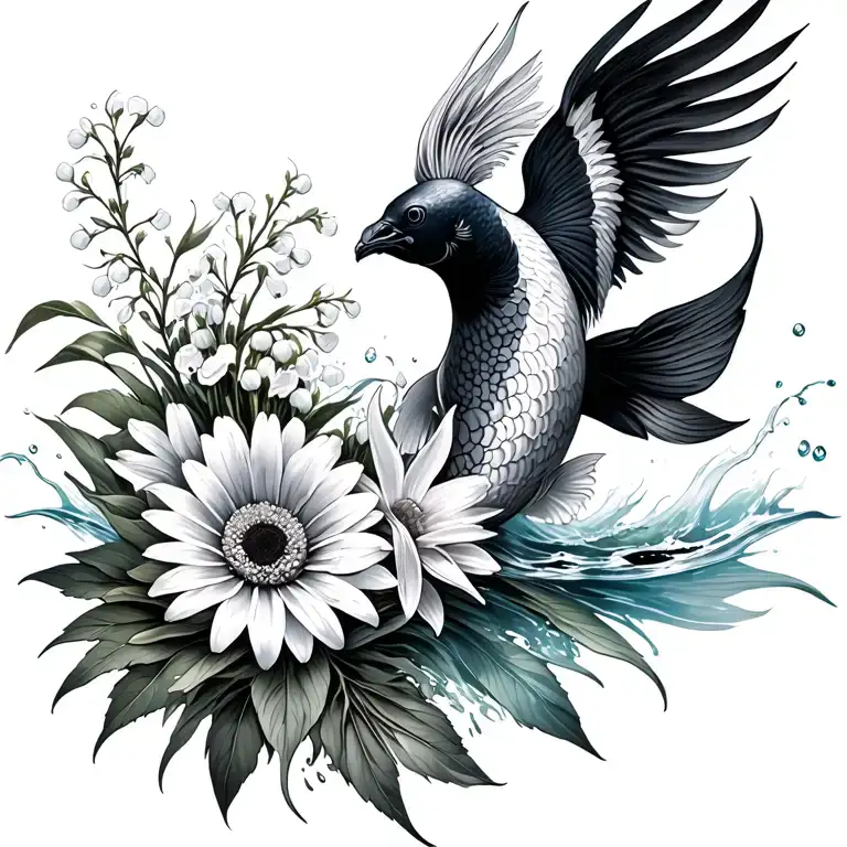  out of water black white koi Transformung into phoenix, bouquet with an aster, a daisy, a lily of the valley tattoo design idea