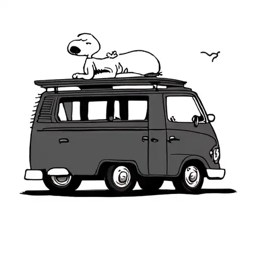 snoopy laying on top of van, Charlie Brown driving. sideways tattoo design idea