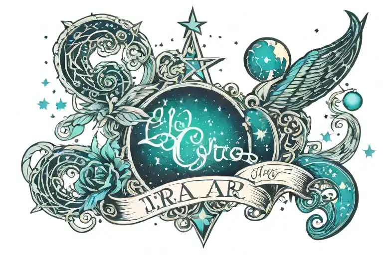 lettering:"Lyra and Aeris" and "lyra star constellation" and "lyre instrument" and "blue green planet " tattoo design idea