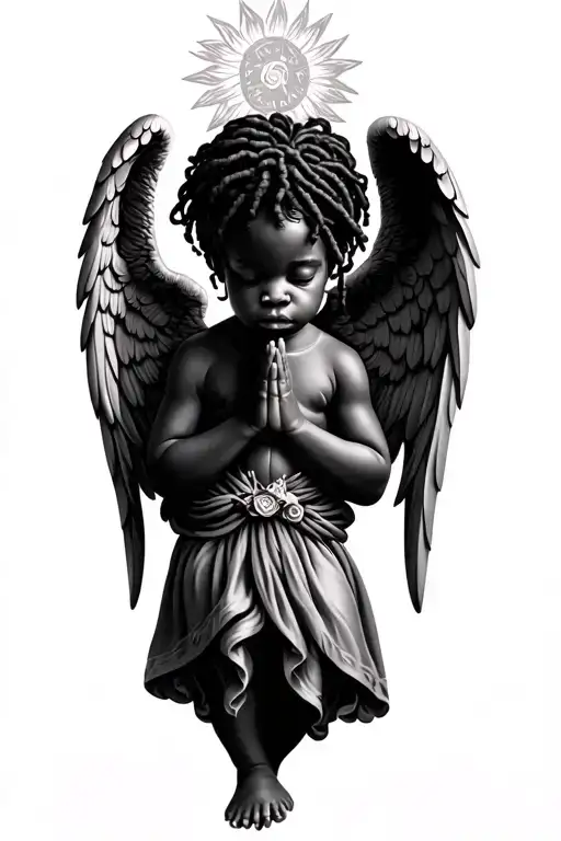 black baby angel locs praying with big wings tattoo design idea