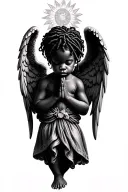 black baby angel locs praying with big wings tattoo design idea