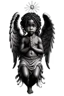black baby angel locs praying with big wings tattoo design idea