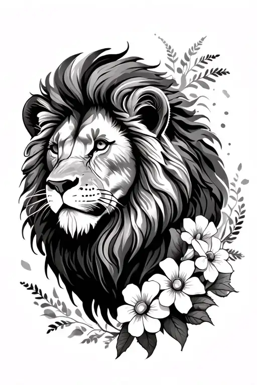lion with flowers tattoo design idea