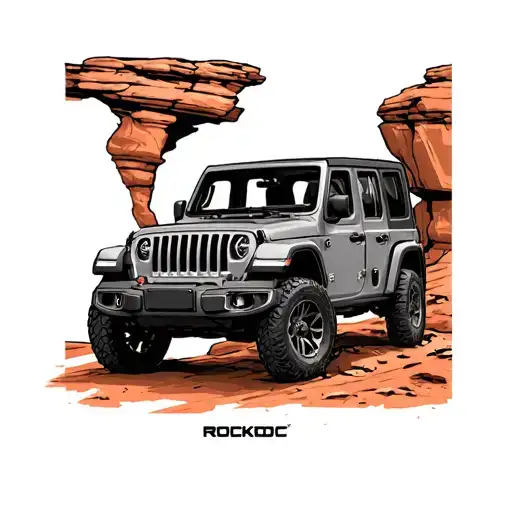 small jeep wrangler on sandstone red rock with the word "ROCKDOC" written directly underneath.  tattoo design idea