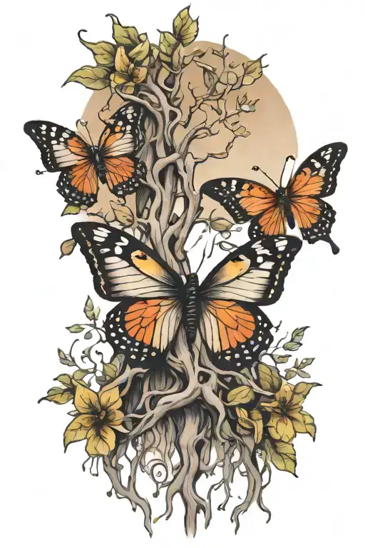 butterfly banyan tree intertwined tattoo design idea