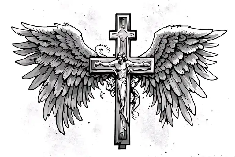 angel wings with Jesus cross in the middle of the wings  tattoo design idea