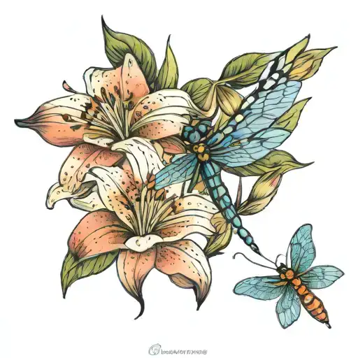 2 lilies with shaded leaves and dragonfly flying tattoo design idea