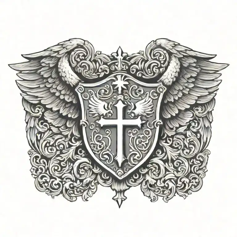 Coat of arms with pair wing of dove and cross,  tattoo design idea