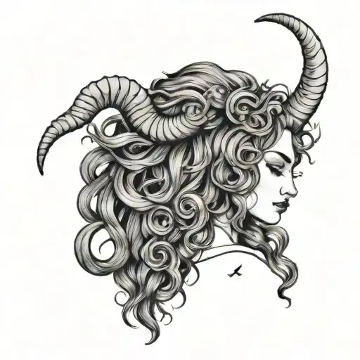 Capricorn women sea goat horns with long curly hair surrounded tattoo design idea
